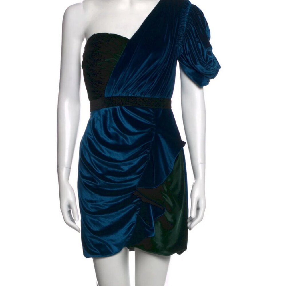Self-Portrait One-Shoulder Velvet Mini Dress in Teal and Black